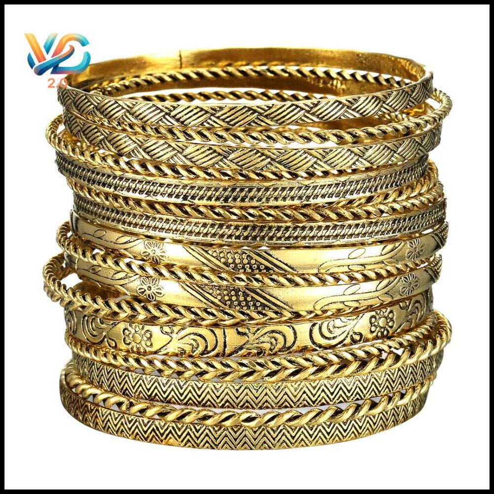 Mixed Metal Vintage Bangle Set of 19, 2.68" Diameter, Plated Jewelry